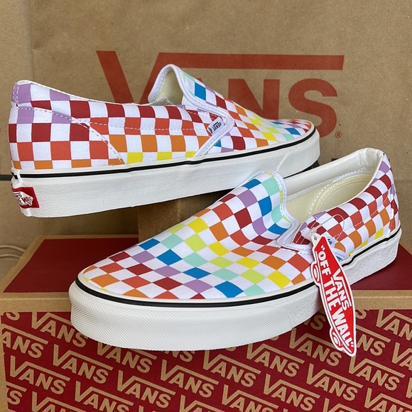 Vans Classic Slip On Checkerboard Rainbow/True White sneakers WMNS - Picture 9 of 16